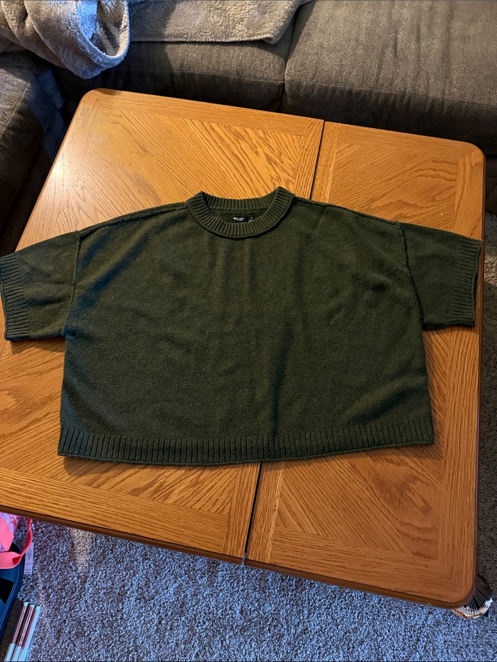 Simply Vera Vera Wang Olive Green Boxy Short-Sleeve Crew Sweater Cashmere